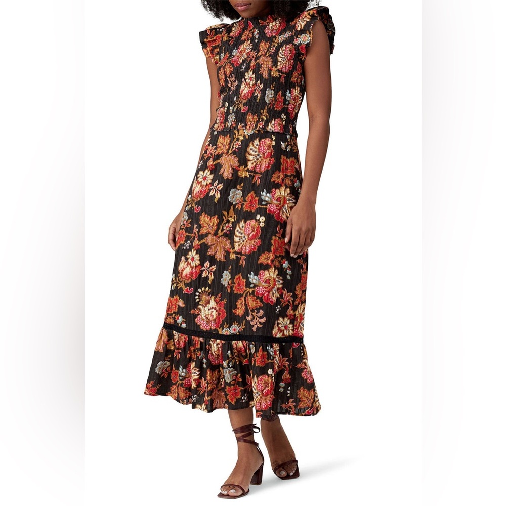 Sea New York Pascale Floral Smocked Ruffle Maxi Dress Black Multi  4 Boho  READ
